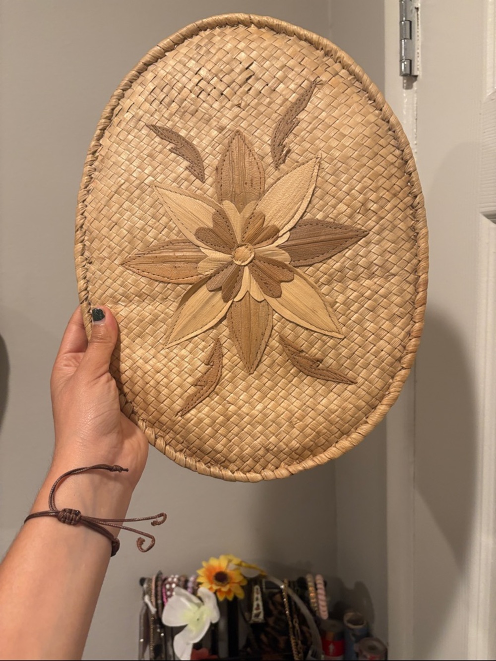 Handwoven Woven Straw Oval Wall Plaque with Floral Inlay